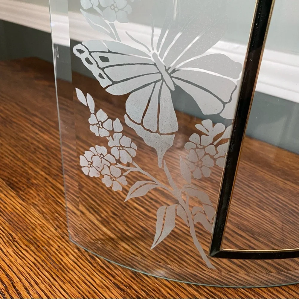 Vintage 1980s Curved Glass Photo Frame Etched Frosted Design Butterflies Flowers